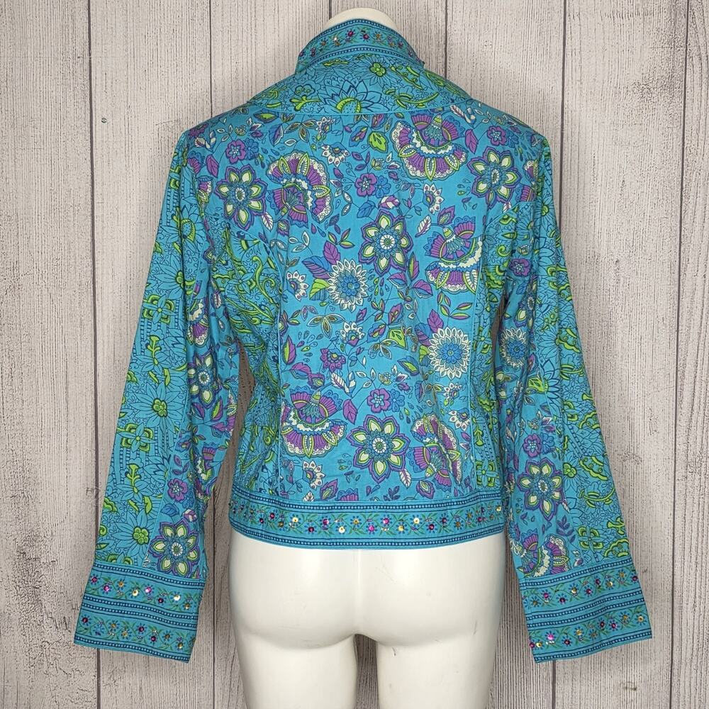 Phool Blue Floral Boho Jacket w/ Sequins – India Print Lightweight Cotton, sz XL - Picture 2 of 3